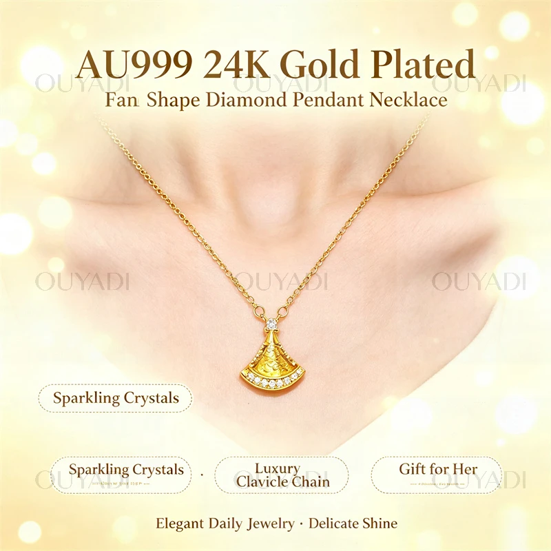 OUYADI AU999 24K Solid Elegant Small Fan Crystal Pendant Gold Necklace Women Premium Jewelry Gift