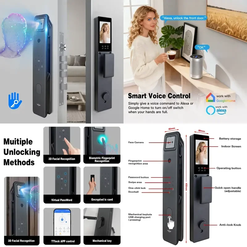 【CHIMU HOME】 TTLOCK 3D Face Smart Door Camera Capture with Intelligent Fingerprint Password Biometric Electronic Key