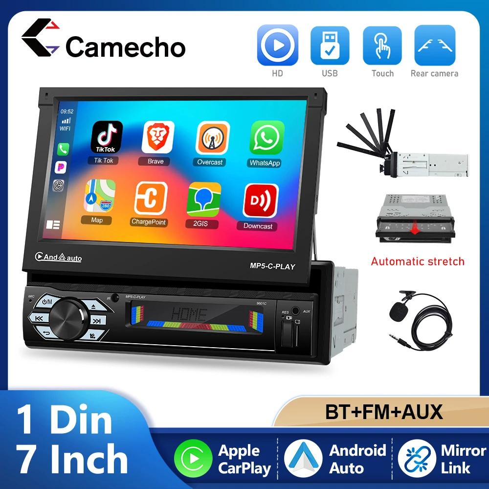 Camecho 1 Din autoradio 7 ''écran rétractable automatique lecteur multimédia MP5 CarPlay Android Auto Bluetooth Mirrorlink USB TF AUX-IN
