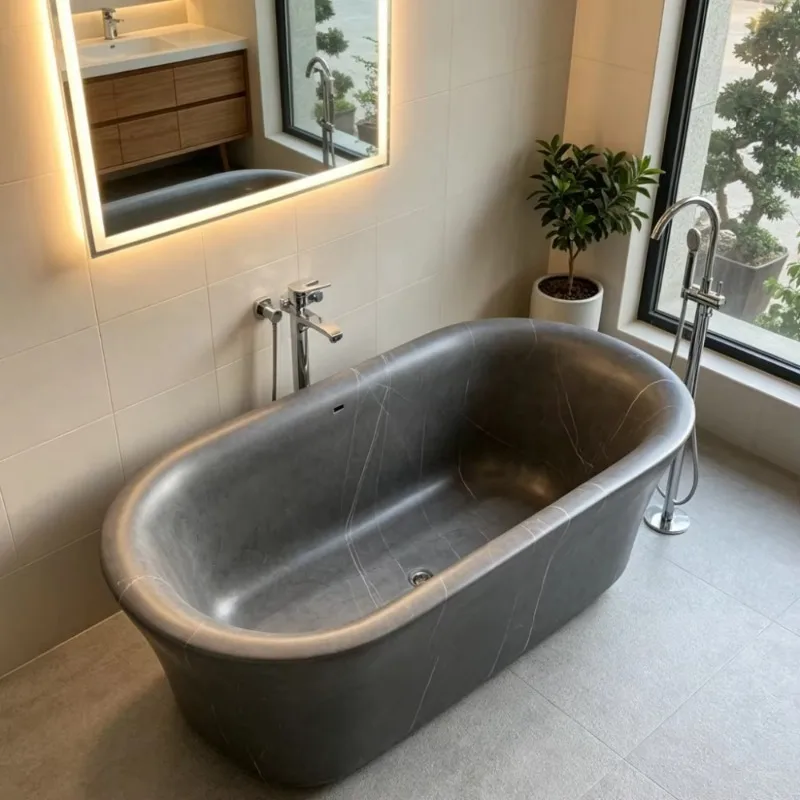 Luxury Brown Marble Bathtub Natural Stone Free Standing Tub Solid Surface Soaking Tub For Villa And Hotel Bathroom Use
