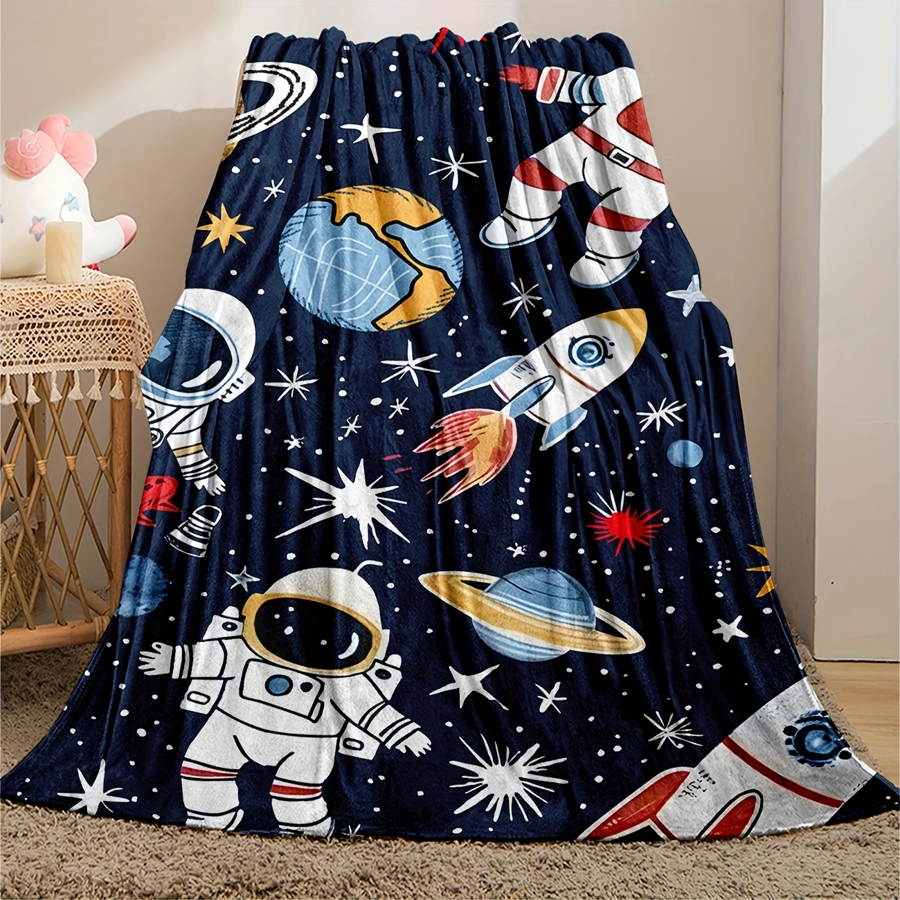 VIKAMA Galaxy Planet Rocket Fleece Blanket Cream Space Theme Playroom Kids Bedroom Sofa Throw Infant Home Decor Holiday Gift