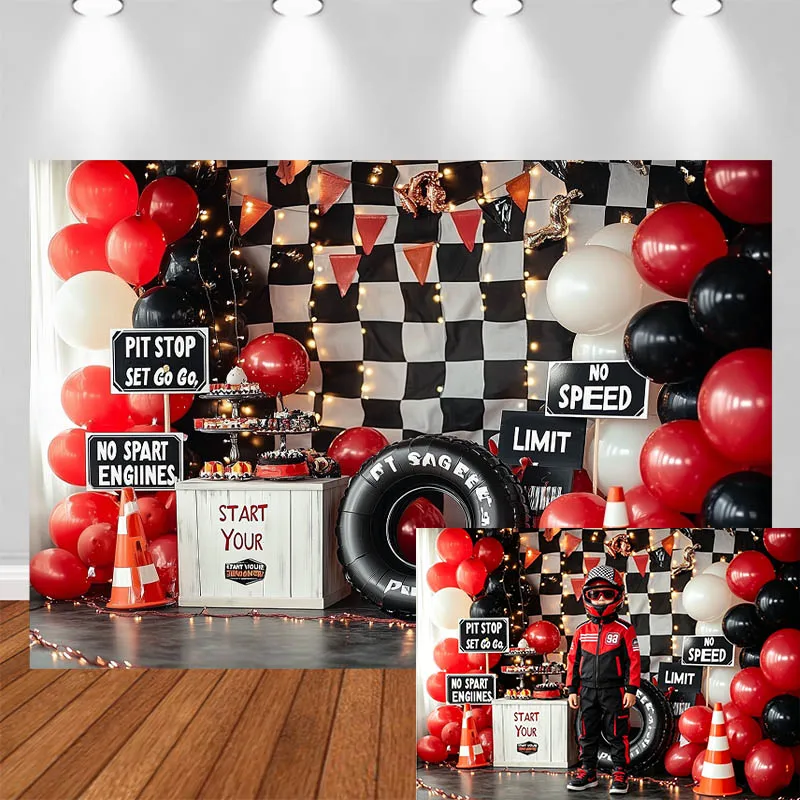 LS Photography Background Black White Striped Flag Balloons Inflatable Tires Decor Birthday Kids Portrait Photo Backdrop Studio