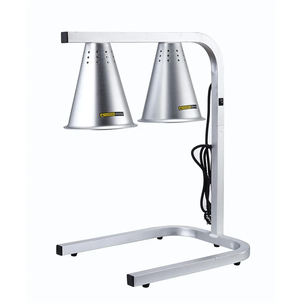 

Double Head Food Heat Lamp with 2 Bulbs Adjustable Stand Silver Aluminum 120V Commercial Household Use