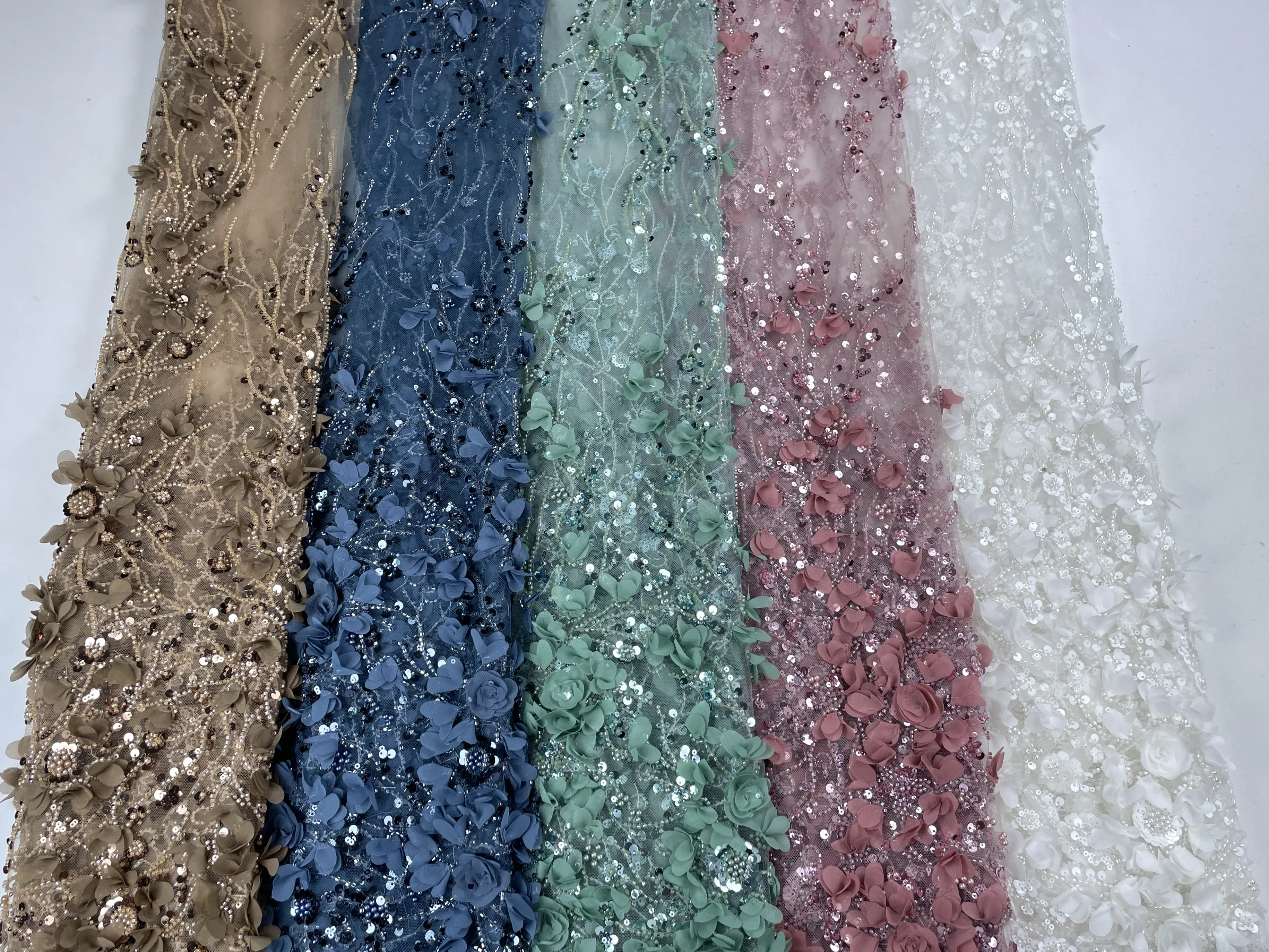 African 3D Flower Beaded Groom Lace Fabric High Quality French Mesh Lace Fabric Sequins Nigerian Lace Fabrics For Wedding Dress