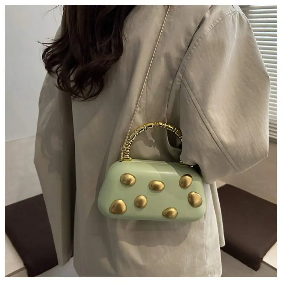 

Mint Green Textured Rivet Chain Handbag For Women, Versatile Shoulder Crossbody Evening Bag