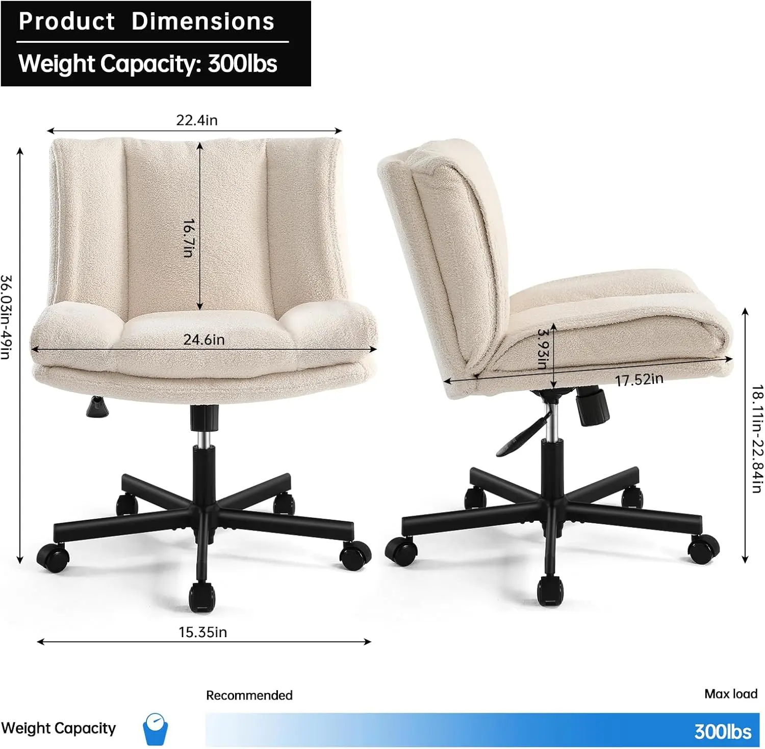 Futrzane krzesło biurowe bez ramionComfyWideSeatCrossLeggedChairStylowe krzesło biurowe z regulacją wysokościCuteSwivelTanityChair do domowego biura, makijażu