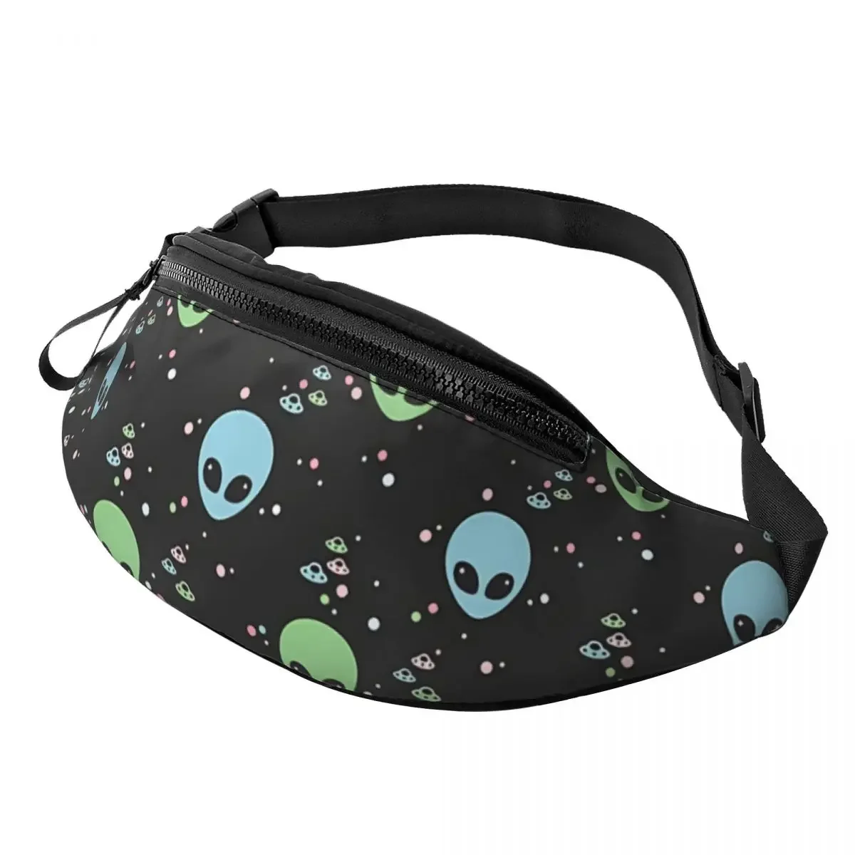 Printed Waist Bags Green And Blue Alien Heads With UFOs Fashion Belt Bags Unisex Travel Fanny Pack Design Banana Packs