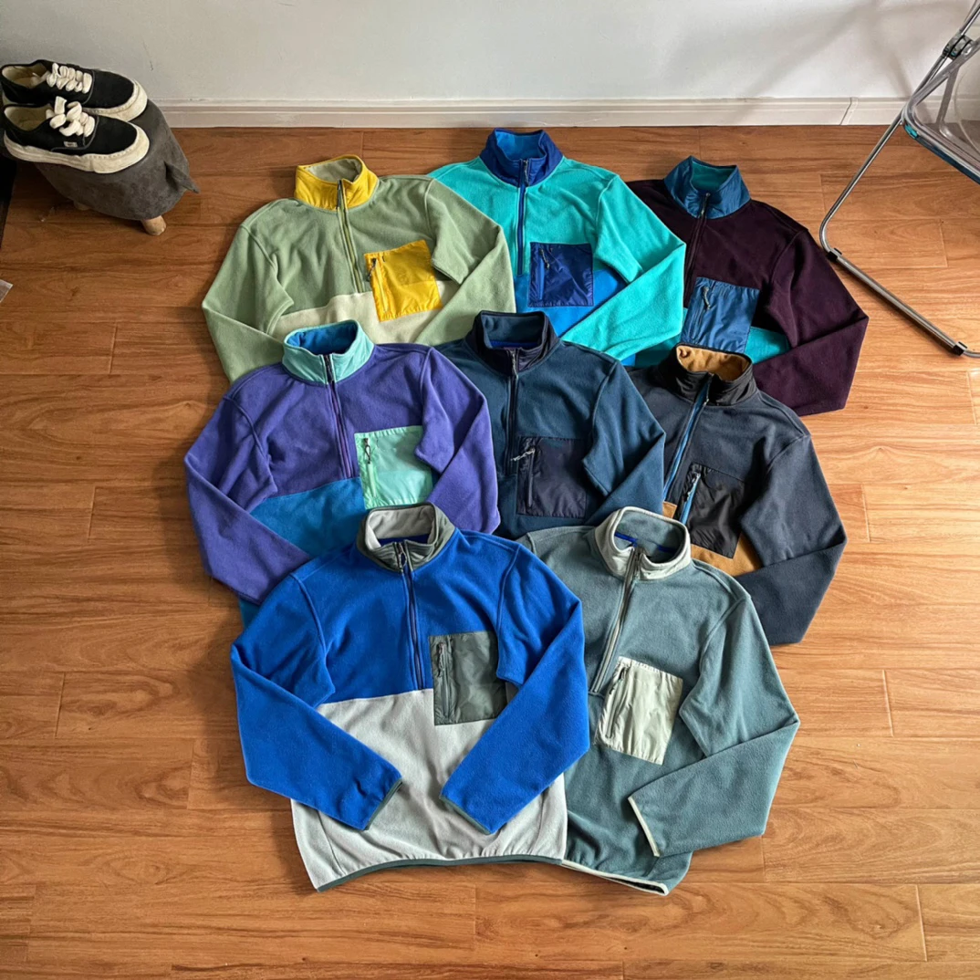 Sudadera unisex de forro polar cálido para exteriores, con media cremallera, diseño de bloques de color en contraste, estilo americano, serie montaña, casual, de manga larga.