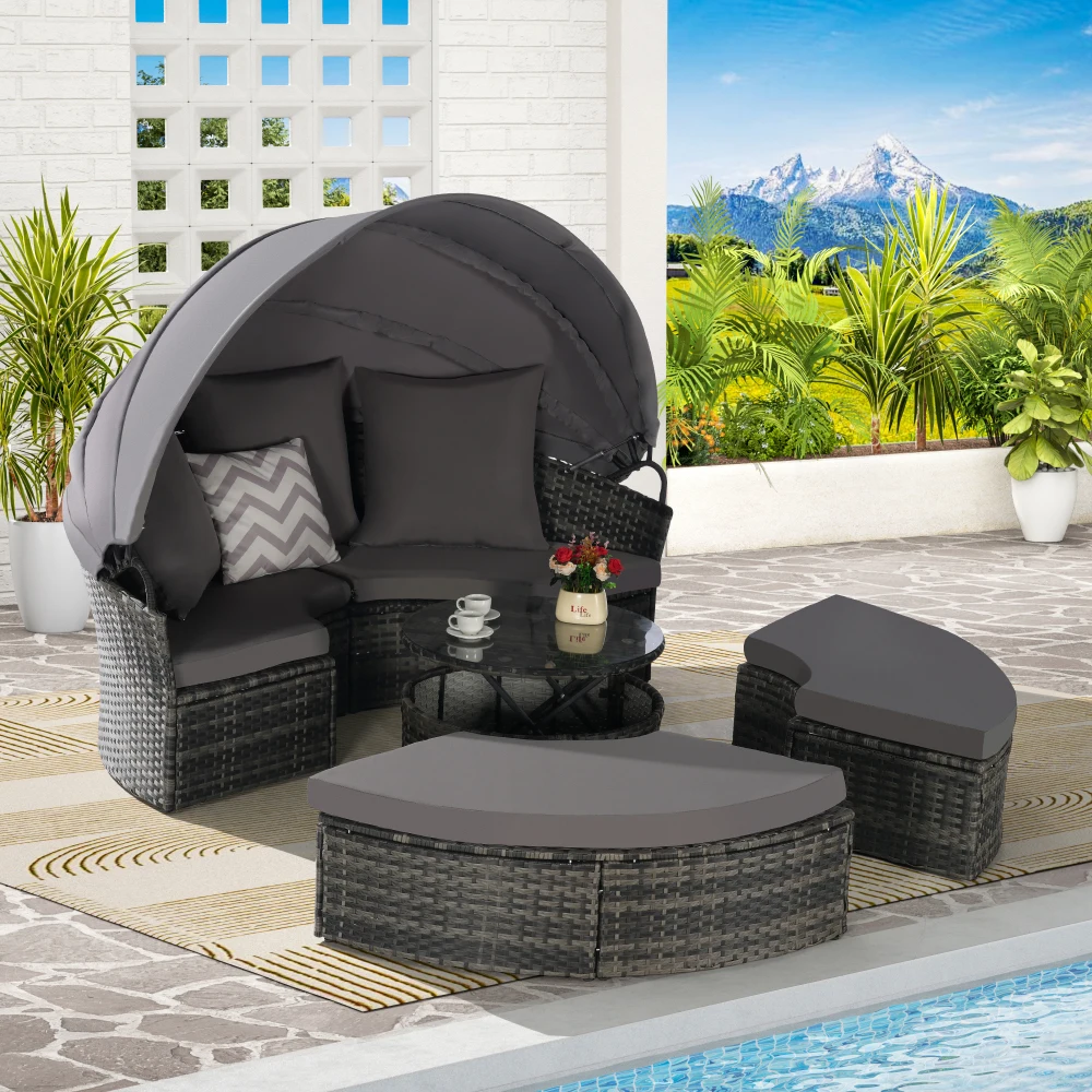 

5 Pieces Outdoor Patio Round Daybed Furniture,Wicker Conversation Set with Retractable Canopy rattan furniture sun loungers