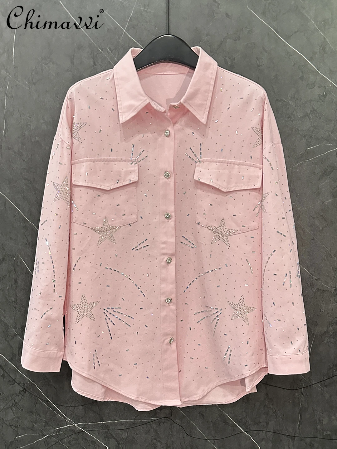 

Осень 2023, новая джинсовая рубашка со стразами и пятиконечной звездой, длинными рукавами, куртка для женщин, модная свободная повседневная блузка, топы