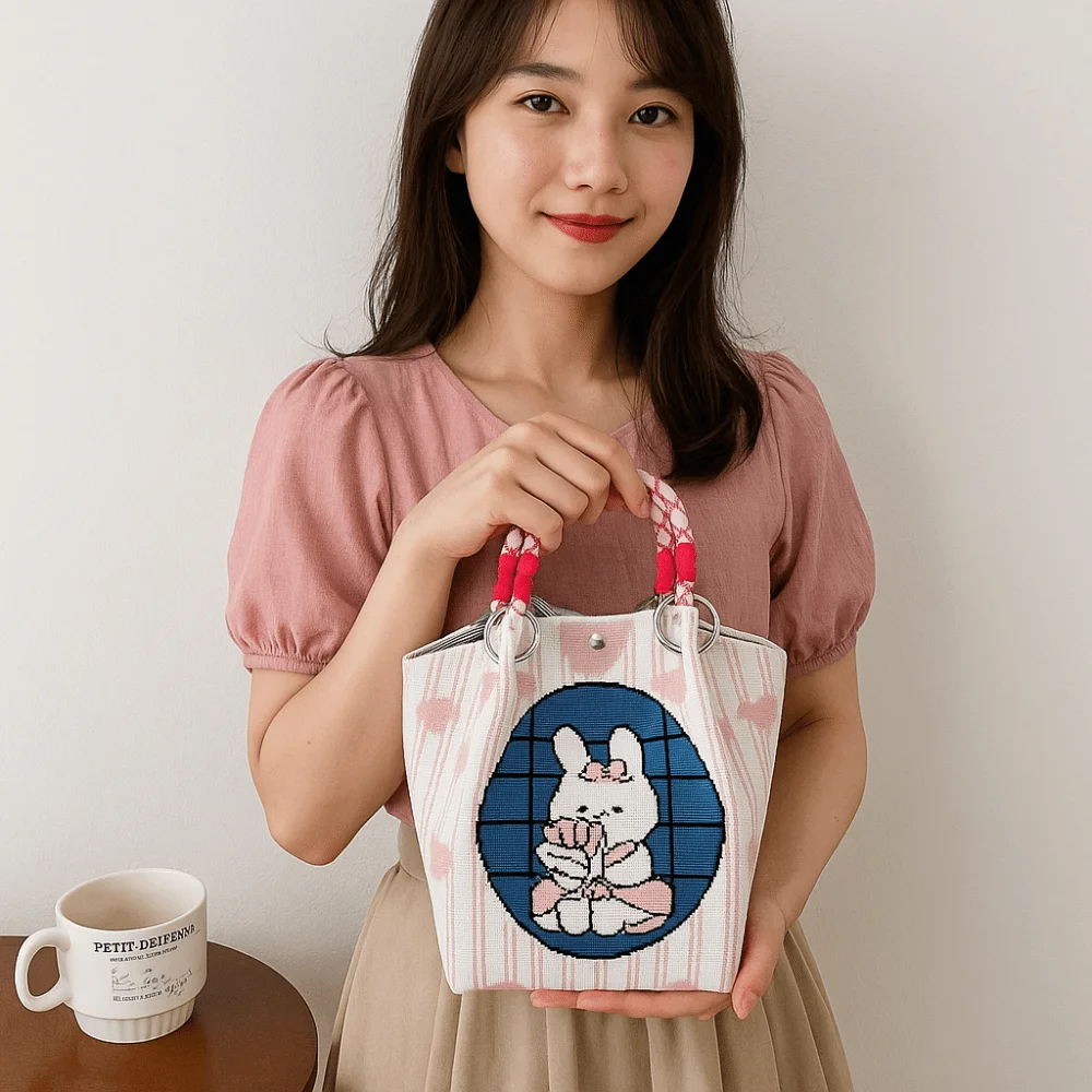 

Simple Cat Knitted Tote Bag Bear Star Cartoon Knitted Handbag Weave Purse Wool Bucket Bag Travel