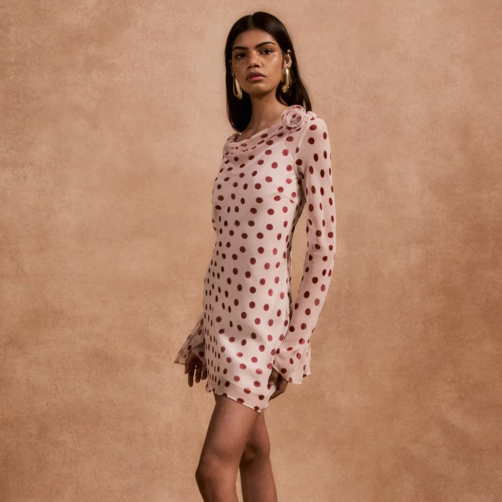 Polka Dot Long Sleeve Sexy Mini Dress Women Fashion Autumn Winter New Cowl Collar Backless Bodycon Club Party Dress