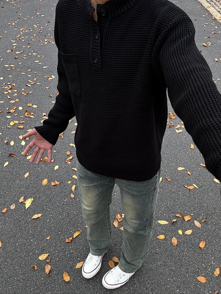 

Мужской вязаный свитер Preppy Sle, удлиненный, зимний, утепленный, дышащий, из полиэфирного волокна, с круглым вырезом, пуловер, воротник «Хенри»