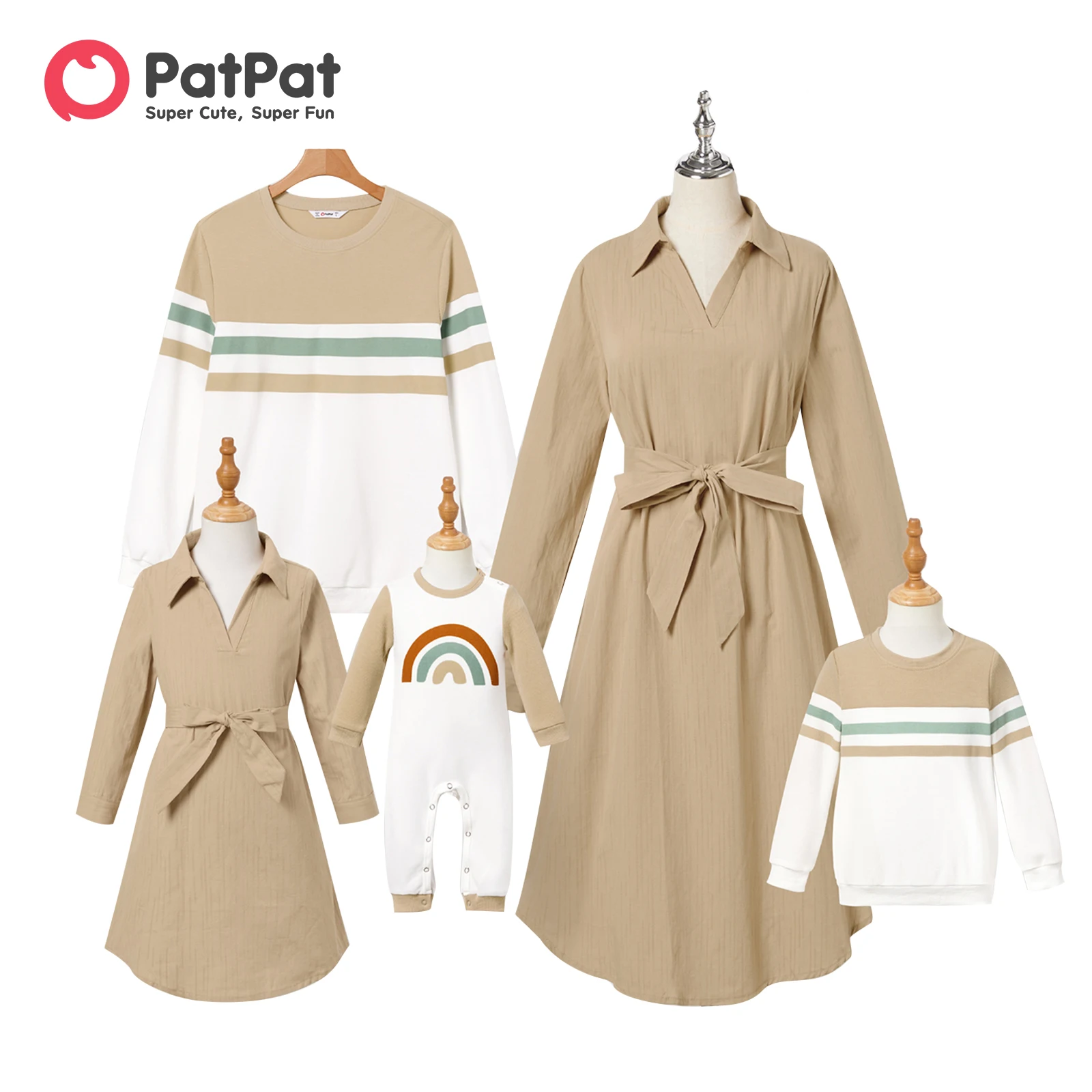 PatPat Family Matching Outfits Belted Solid V-neck Women Dresses And Long-Sleeve Color-Block Tops Family Looks Sets