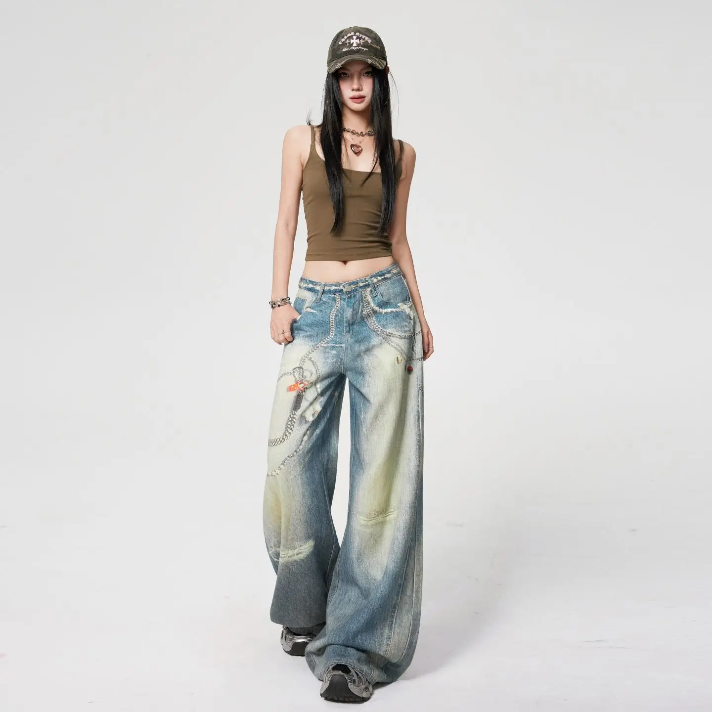 

3D printed chain design for loose wide leg jeans for women