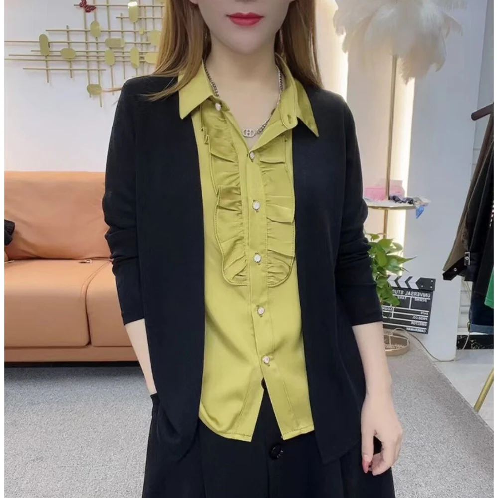 Fashion Splicing Blouse Women New Long Sleeve Fake Two Pieces Shirts Office Ladies Temperament Knited Cardigan Blaus Female Tops