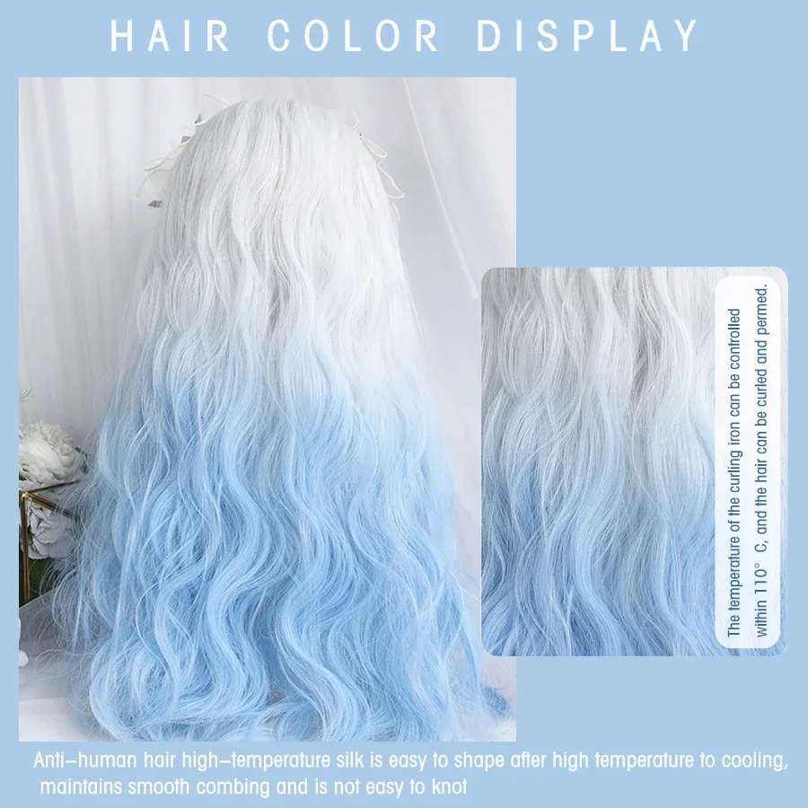 Wig Cosplay panjang, dengan poni bergelombang Harajuku lucu harian pesta Halloween wanita anak perempuan rambut hadiah ulang tahun Halloween (biru susu) Lolita