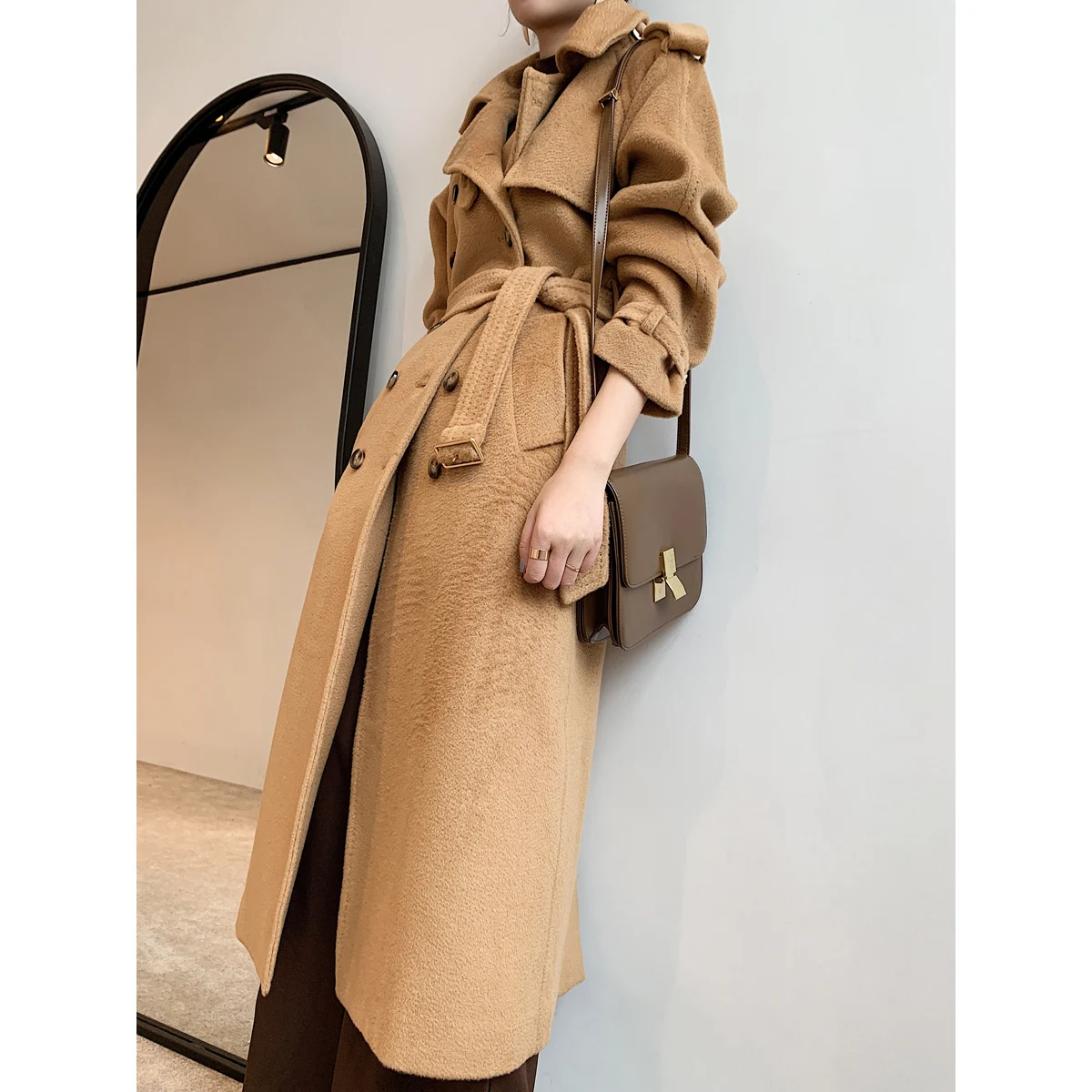 

Mulan Duoche Camel Color Water Ripple Camere Coat Women's High End Heavyweight Medium Length Double Row Button Woolen Coat ...