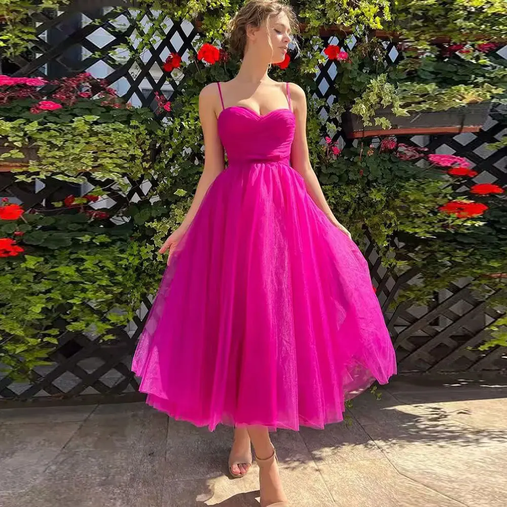 

Fushcia Sweetheart Prom Dresses 2024 Pleat Spaghetti Straps A-Line Lace-up Tea-Length Tulle Fairy Evening Gown for Women