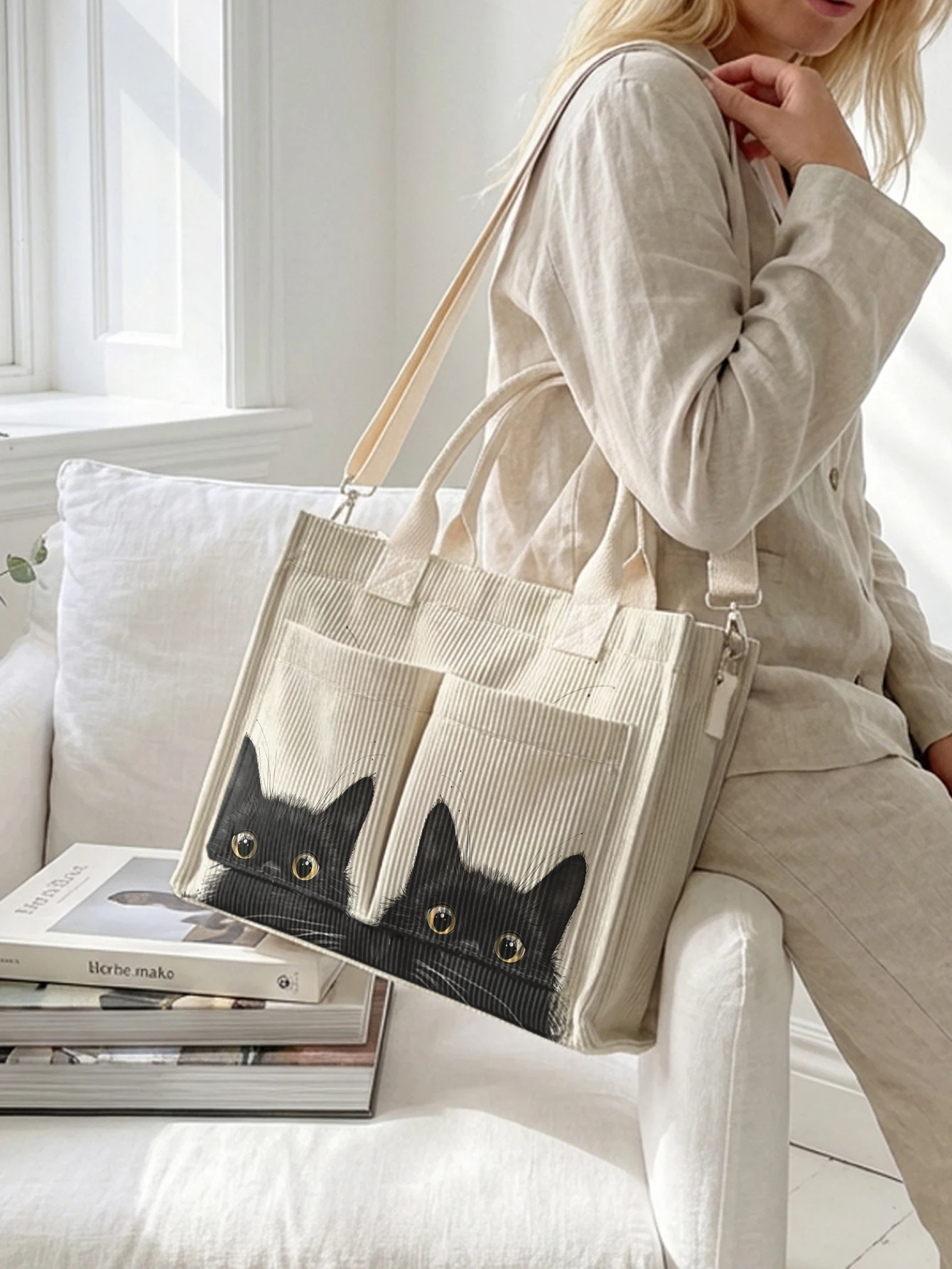 Peeking Black Cats Print Corduroy Tote Bag Large Capacity Multi Pocket Cat Lover Commuter Shoulder Bag - view 2