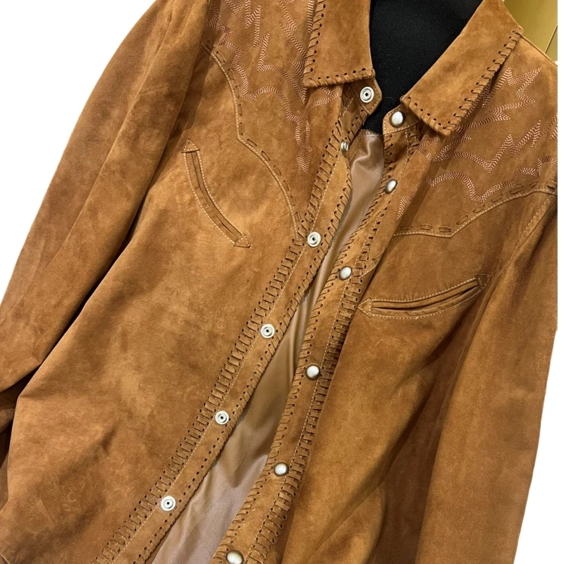 Western Denim Vintage Shirt Leather Light Suede Embroidered Jacket Shirt Leather Coat 100% Natural Genuine Leather Suede