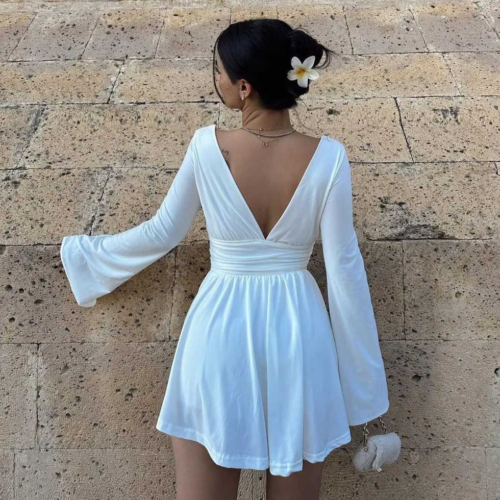 فستان نسائي أنيق 2025 فستان قصير بدون ظهر وأكمام طويلة غير رسمي بلون سادة مكشكش على شكل حرف A موضة الحفلات فساتين بسيطة #2