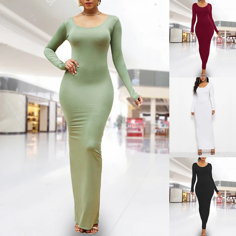 Kobiety wiosna jesień Sexy Solid Color z długim rękawem O-Neck Bodycon Maxi sukienka suknie wieczorowe eleganckie wygodne Vestidos