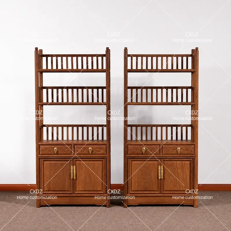 Solid Wood Floor to Ceiling Bookshelf Antique Style Storage Cabinet Tea Rack Display Shelf for Living Room Home Office