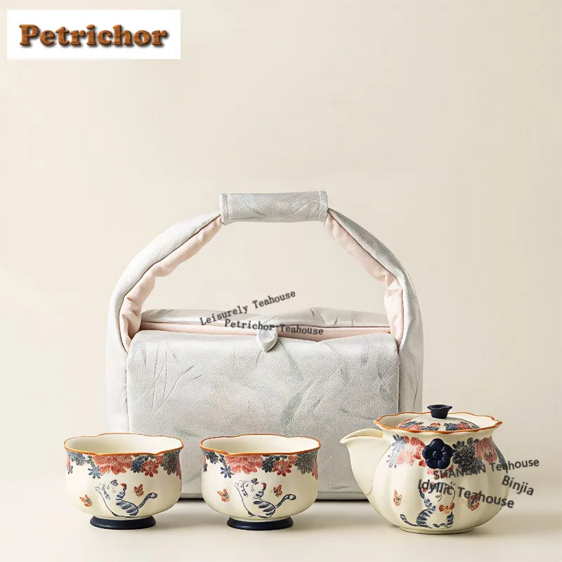 

Rocks Minerals White Little Cat Travel Tea Set Kit Zen 1 Pot 2 Cups Tea Maker Organizer Portable Outdoor Tote Bag Accessories