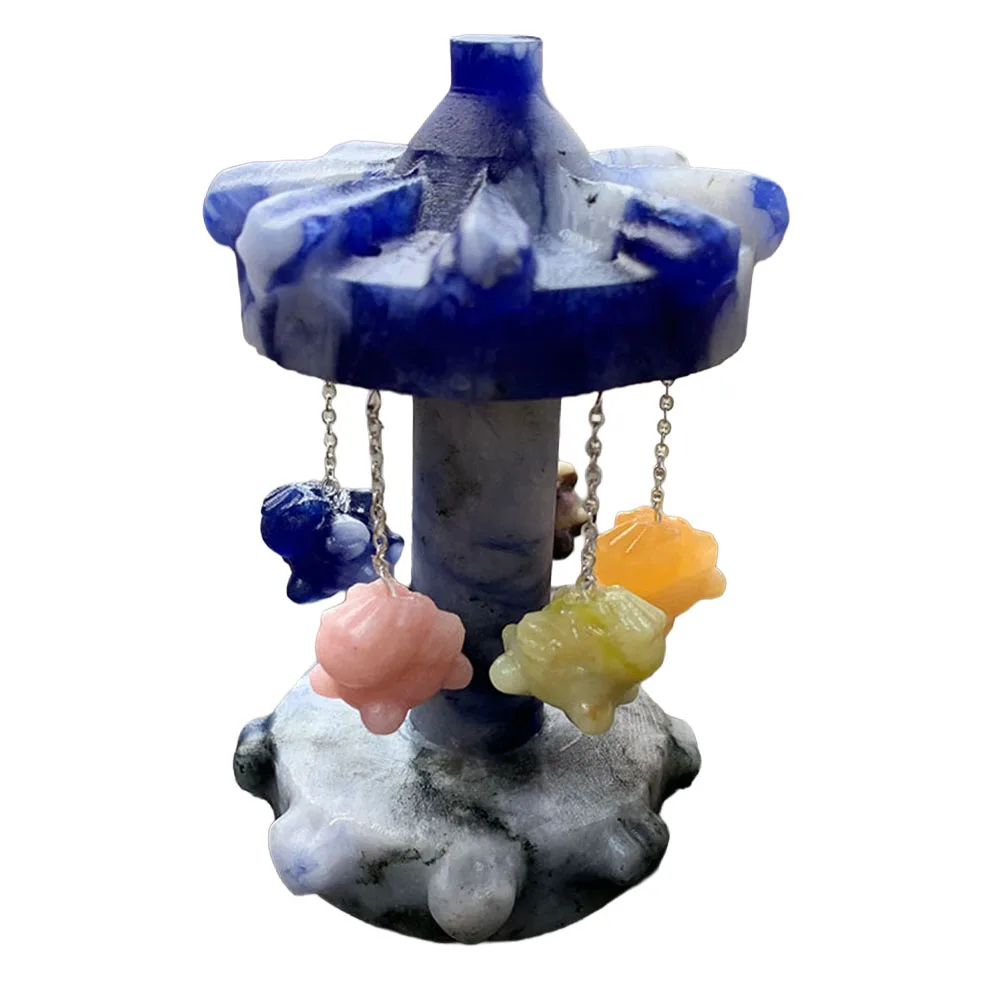 Custom Blue Aventurine Crystal Carousel Figurine - Handcrafted Gemstone Rotating Carousel Decor with Hanging Mini Animal Pendant