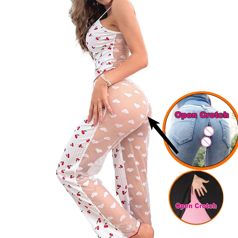 

Pajamas For Women open crotch Tops & Pants Set Sexy Pajamas Transparent Mesh Sleeveless Heart Print Suspenders Trousers Ladies