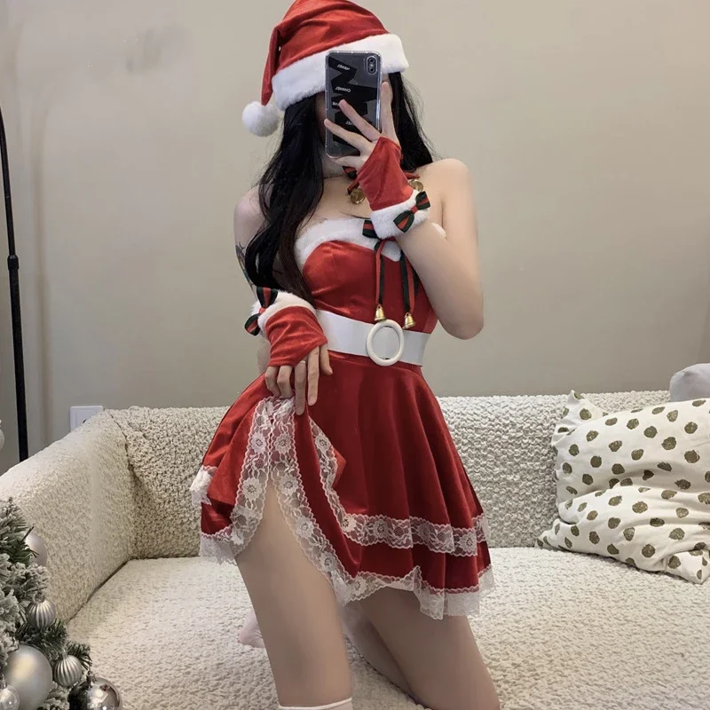 女性のためのセクシーなサンタクロースのコスプレ衣装,クリスマスドレス,帽子,ベルト,手袋のセット,女性のためのイブニングウェア,秋冬