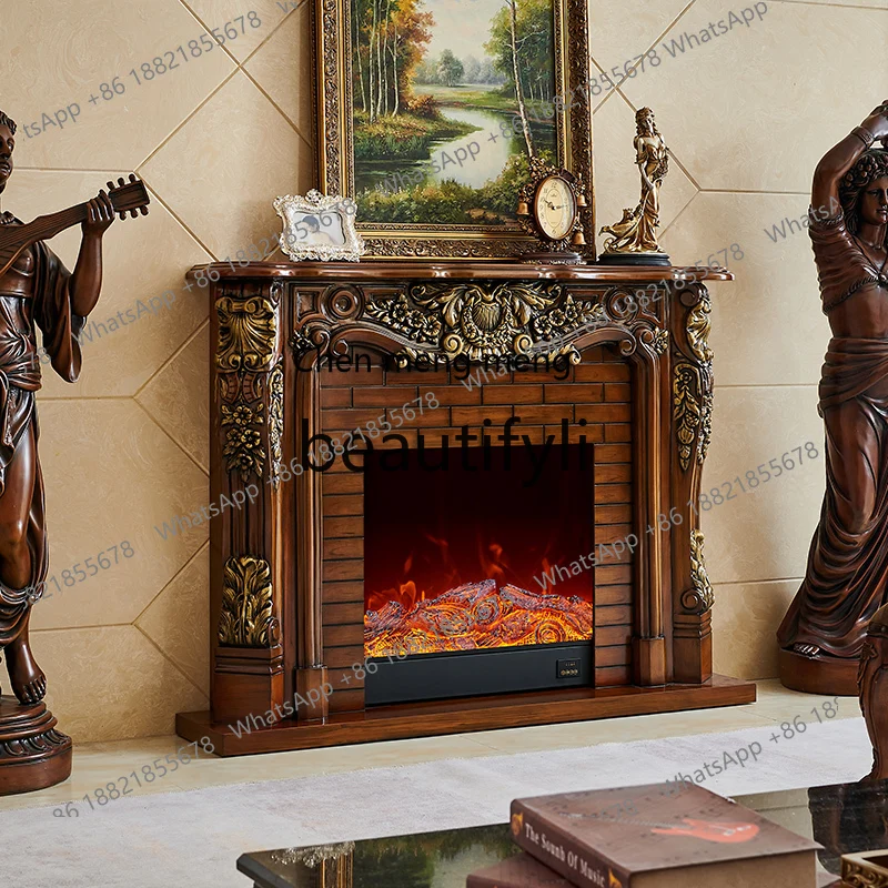 D178 1.5m European Style Fireplace Solid Wood Retro American Style Home Use Simulated Flame Fireplace Decorative Cabinet Heating