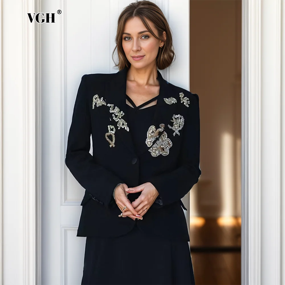 

VGH Casual Patchwork Diamonds Solid Blazers For Women Notched Collar Long Sleeve Spliced Button Slimming Blazer Female Fashion