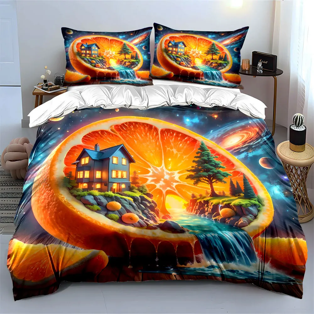 Fantastical House and Waterfall in Orange Universe Printed Duvet Cover Set 1 Duvet Cover+2 Pillowcase Multi Size Bedroom Decor
