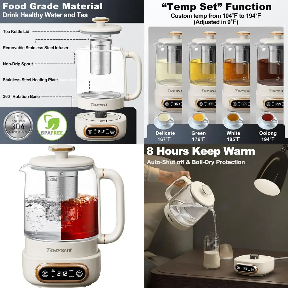 

Электрический чайник из закаленного стекла 11-Temp, 0.8 л, с 4 предустановленными режимами, съемным инфузером, поддержанием температуры до 8 часов, защитой от выкипания, бежевый