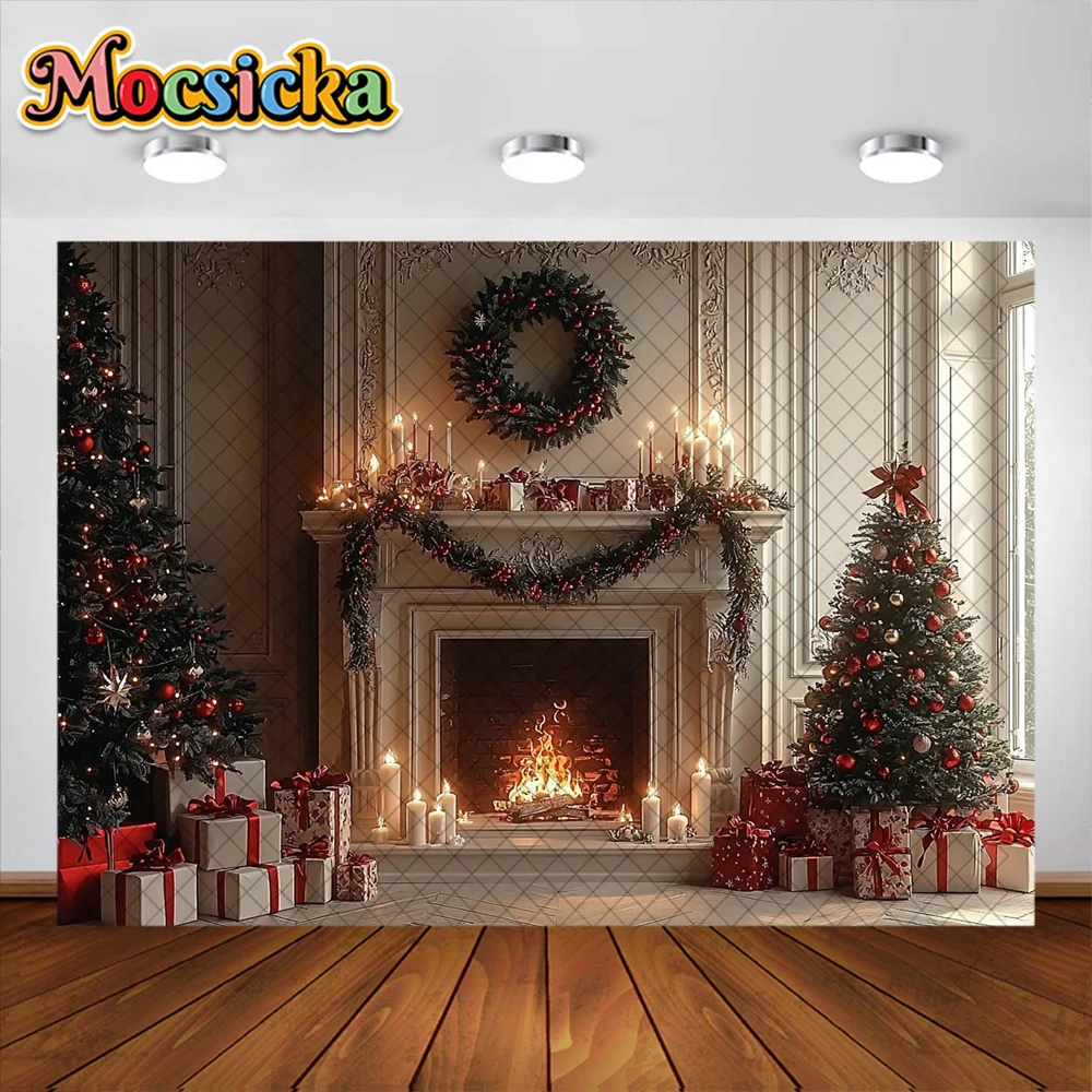 خلفية تصوير لغرفة الكريسماس ، مدفأة شجرة الكريسماس ، زخرفة إكليل الزهور ، خلفيات صور بورتريه ، مستلزمات الاستوديو ، الكبار والأطفال