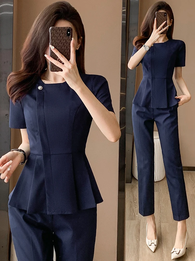 

Синий костюм с коротким рукавом для женщин, новинка 2026 года, летняя униформа для салонов красоты, элитная профессиональная одежда для спортивных клубов