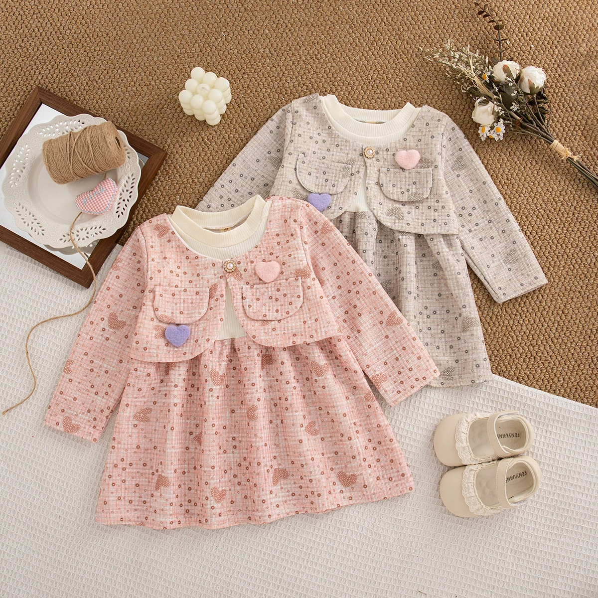 

Spring Autumn Toddler Girl Pink Dress Heart Element Long Sleeve Princess Dress Korean Style Outfit for Girls Birthday Party