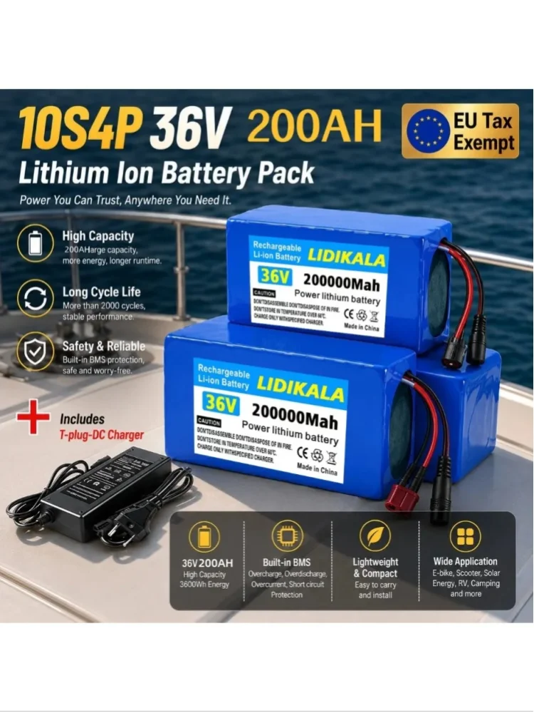 36V 200Ah 200000mAh 10S4P Lithium-Batteriepack mit eingebautem BMS und Ladegerät für E-Bike, Roller, Wohnmobil, Boot, Solaranlage, EU-Steuerbefreiung