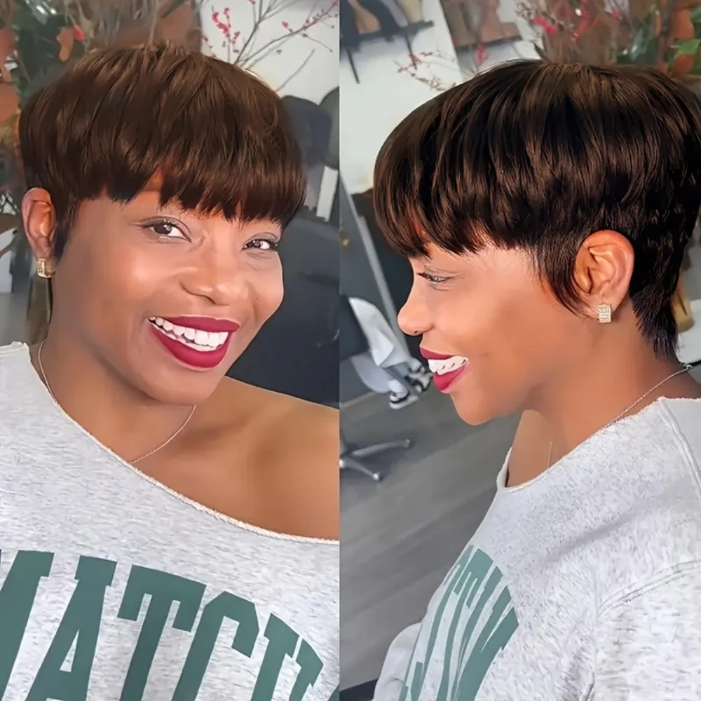 여성용 짧은 픽시 컷 가발 인모 머리카락 앞머리가 있는 기계 제작 가발