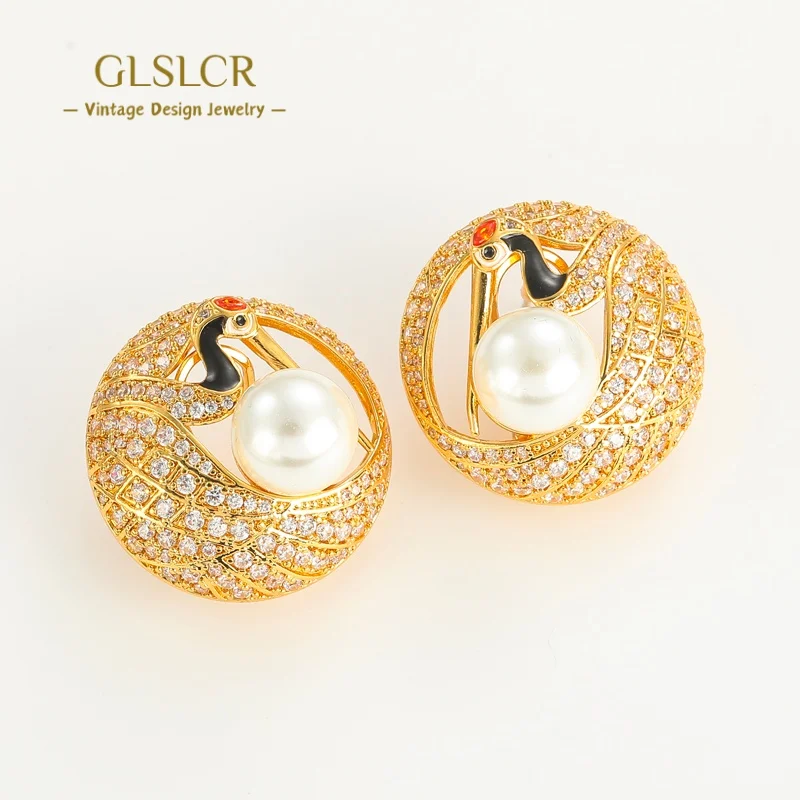 

Vintage Crane Gold Color Pearl Earrings For Woman Round Hollow Zircon Jewelry Antique Women Luxury Designer Chinese Style 2025