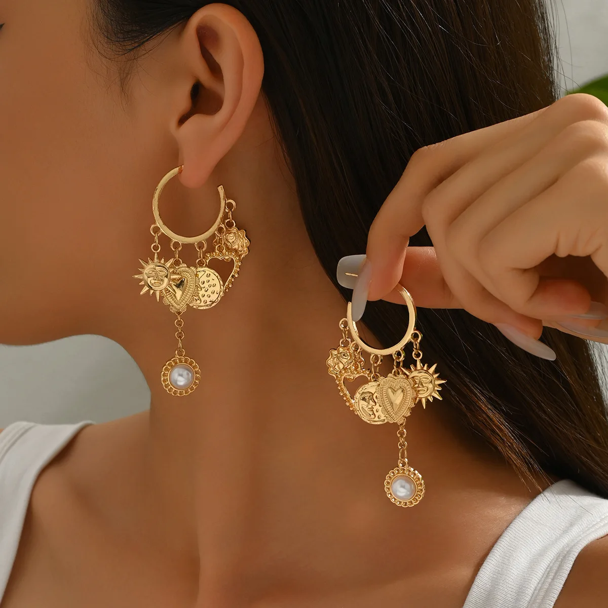 

Alloy Large Circle Boho Earrings Sun Heart Accessories Light Luxury Pearl Tassel Earring Woman Accesories Funny Earrings Weird