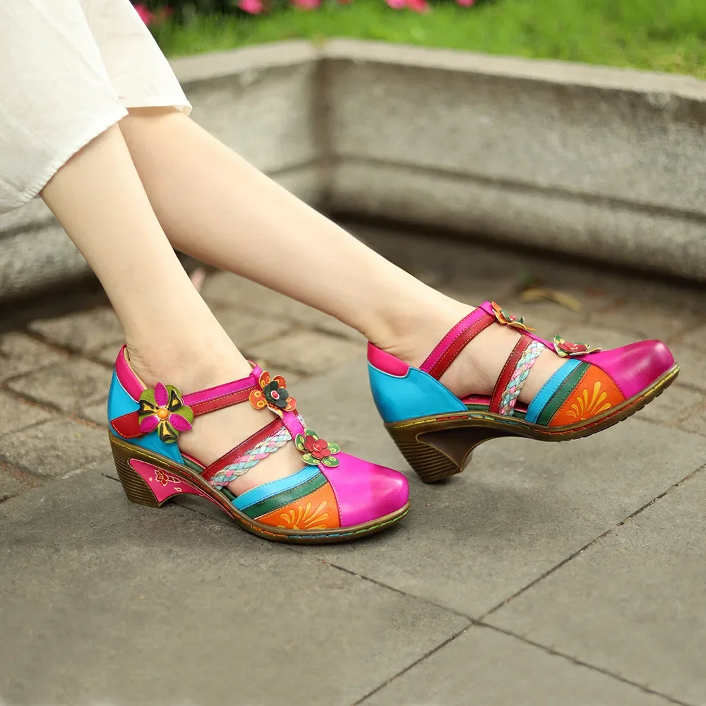 

2024 New Summer Genuine Leather Casual Hook & Loop Hand-painted Sewing Retro Flower Women Shoes Modern Sandals High Quality