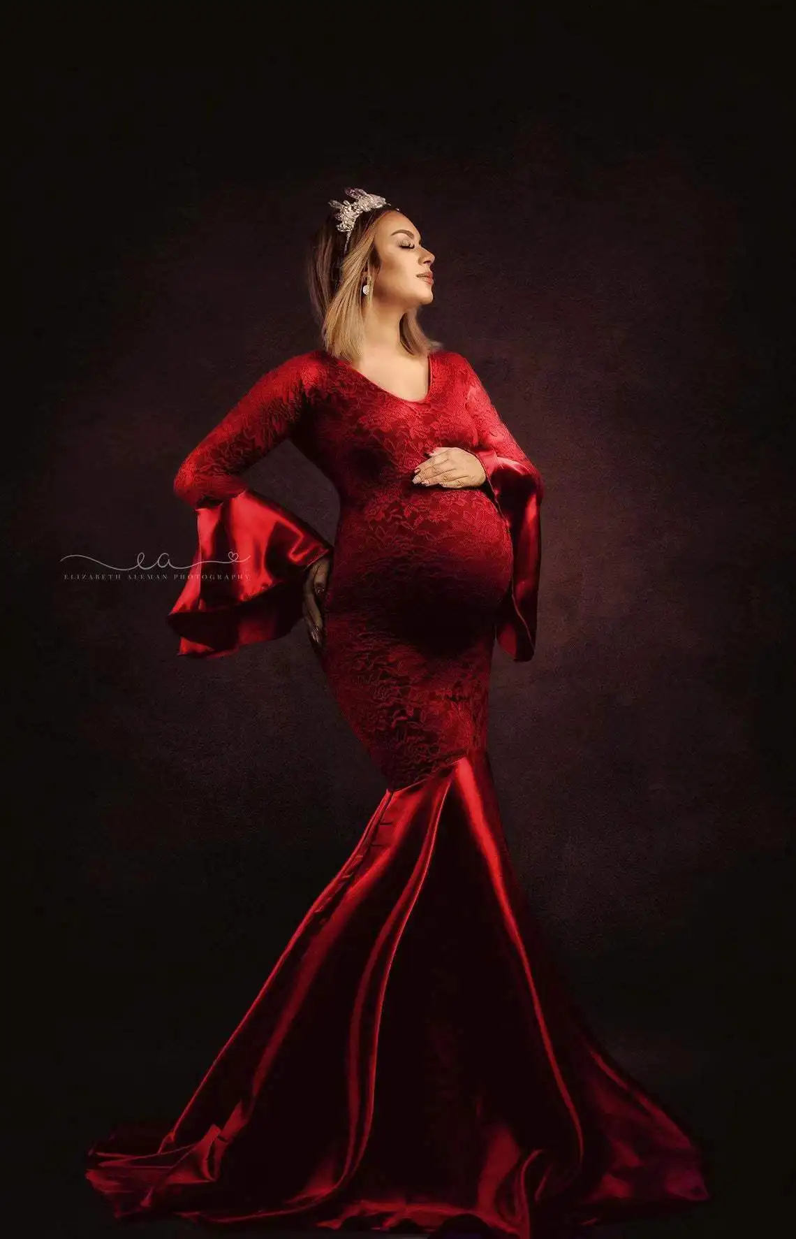 Vestido de encaje de maternidad para mujer embarazada, sesión de fotos de sirena de manga larga para maxivestido, accesorios de fotografía, 2024