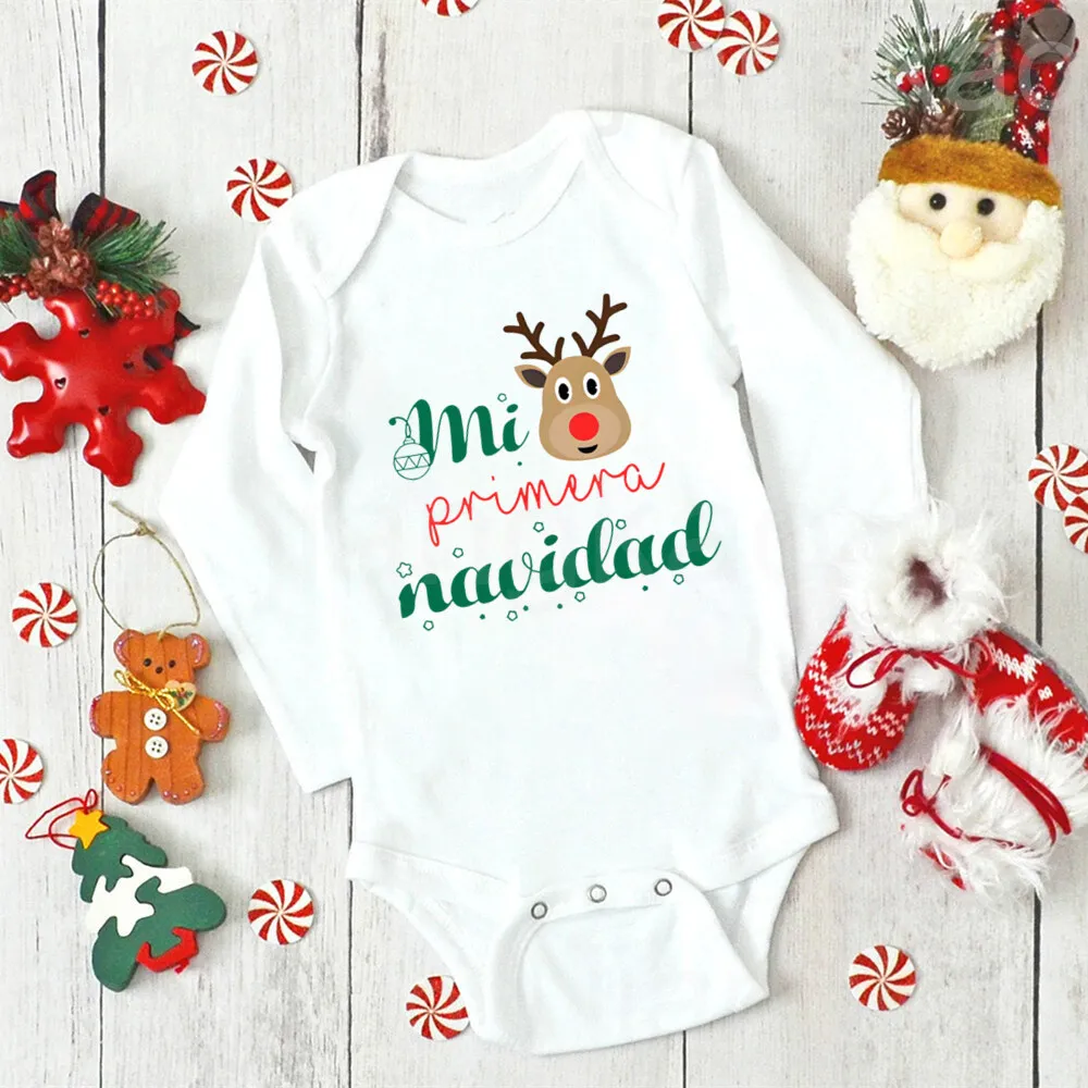 My First Christmas Spanish Printed Newborn Bodysuit  Baby Long Sleeve Romper Toddler Xmas Party Clothes Infant Baptism Outfits