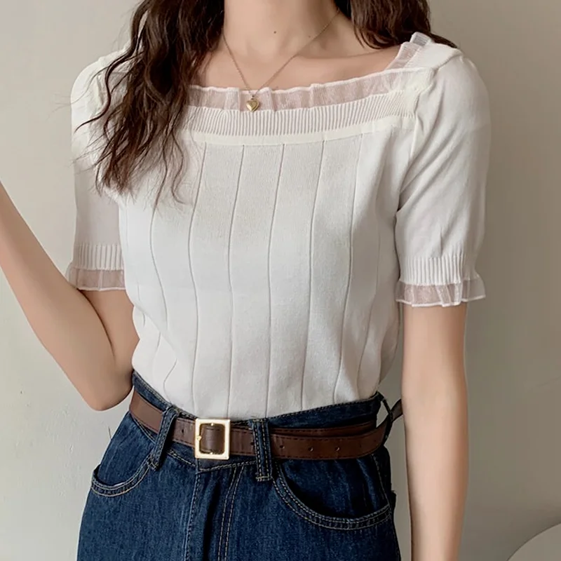 

Korean Fashion Knitted Tops 2024 Female Chic Short-sleeve Lace Elegant Square Collar T-shirts Women Summer Tees Solid Color