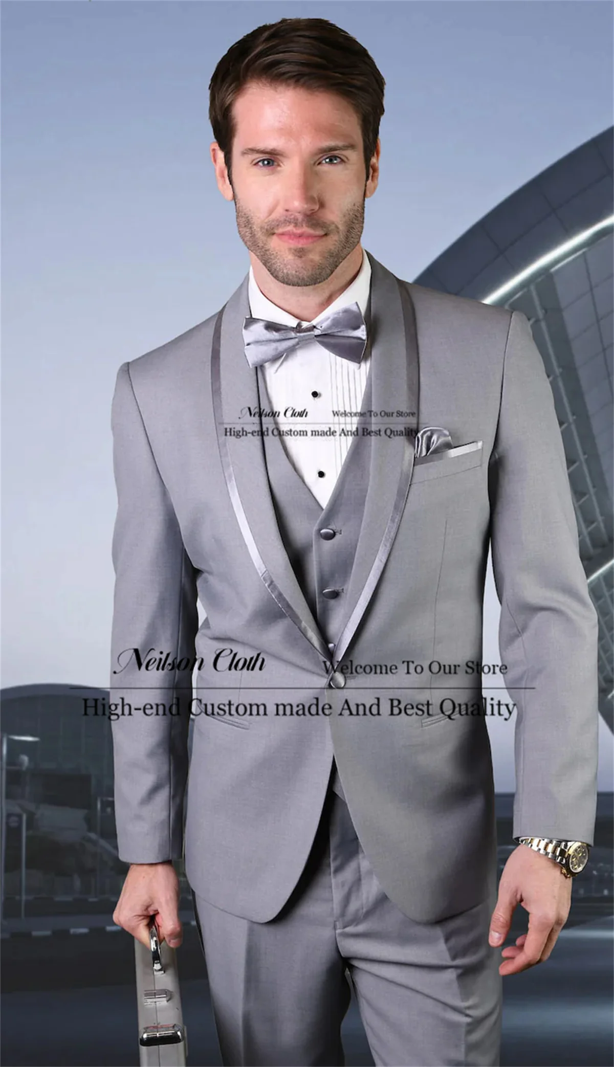

Formal Grey Male Prom Blazers 3 Pcs Sets One Button Groom Wedding Tuxedos Shawl Lapel Customized Groomsmen Terno Masculino