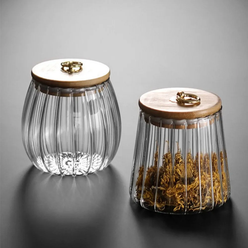 Food Container Kitchen Storage Bottles Jar Glass Airtight Canister Grains Tea Coffee Beans Grains Candy Jars Wood Lid Containers