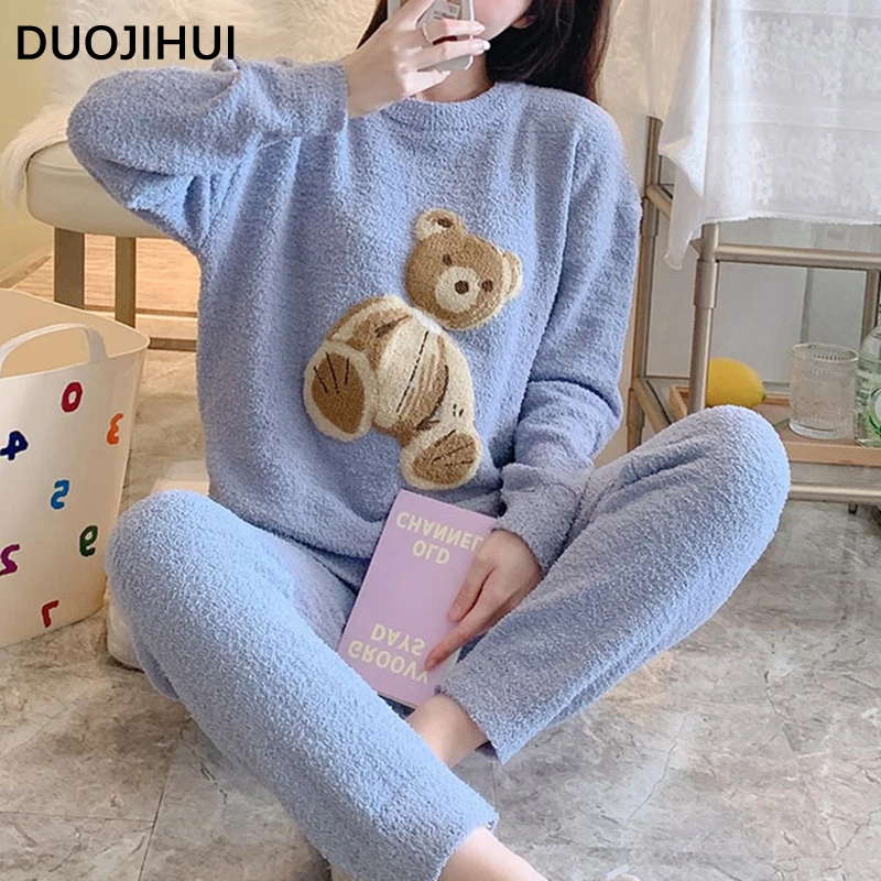 DUOJIHUI New Fashion Printing Pure Color Female Pajamas Set Winter Simple Warm Soft Basic 2-colors Casual Home Pajamas for Women